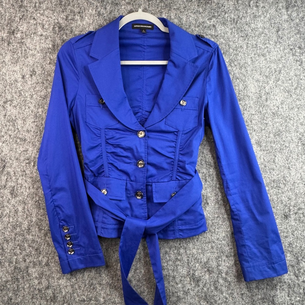 Express Design Studio Royal Blue Military Belted Jacket Size 4 Ruched Utility